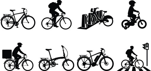 Obraz premium Bicycle silhouette collection featuring city commuter, food delivery cyclist, bike sharing station, folding e-bike, kid with training wheels, and crosswalk pedestrian safety.