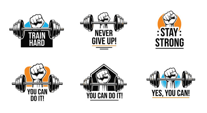 Powerful fitness logos featuring a clenched fist holding a heavy barbell accompanied by motivational quotes for bodybuilding gyms.