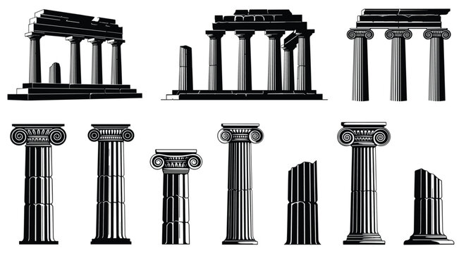 Black and white sketches of ancient greek columns and architectural ruins illustrating classical doric and ionic styles for art projects.