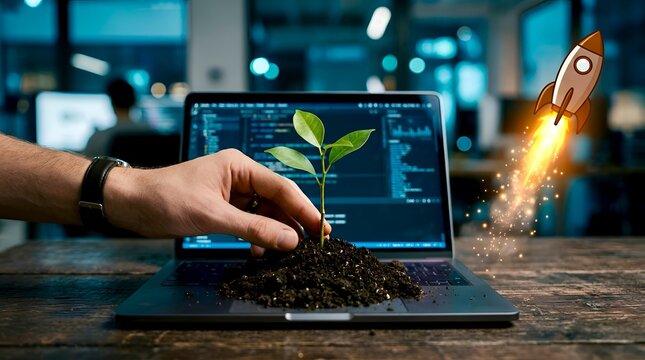 Digital Innovation and Business Sustainability Growth Concept Featuring a Growing Plant on Laptop Screen with Startup Rocket Launching