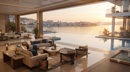 Fototapeta premium Luxury villa terrace with infinity pool and sunset Mediterranean sea view