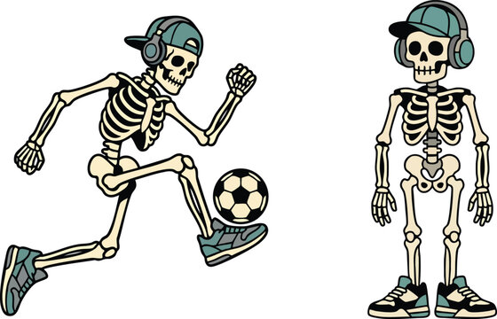 Cartoon skeletons playing soccer with headphones and caps