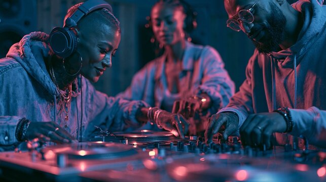 DJs Collaborate in Recording Studio to Prepare for Live Performance With Music Equipment
