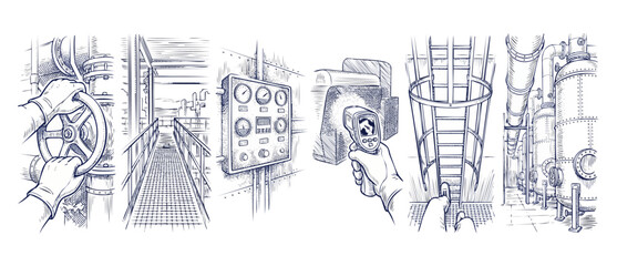 Obraz premium Industrial factory maintenance sketch drawings showing plant operations, manual valve turning, gauge control panel, thermal scanner inspection, caged ladder climb, and storage boiler tank pipes.