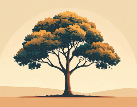 A majestic tree with a full canopy of leaves stands tall against a soft, warm sky, symbolizing nature's enduring beauty and strength