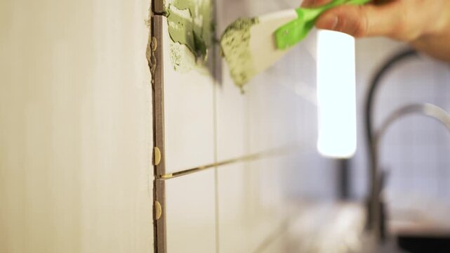 Close-up of a tiler's hand using a plastic spatula to apply green grout, meticulously filling the joints between white ceramic tiles on a kitchen wall during a home renovation