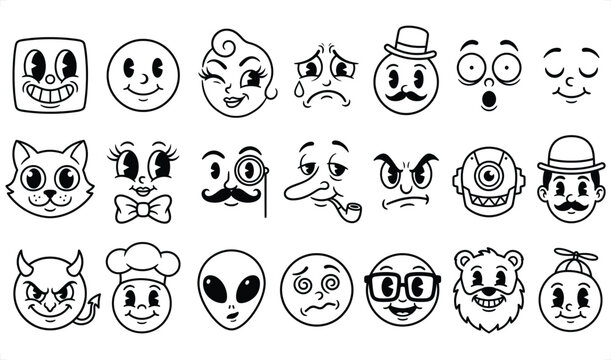 Retro cartoon faces with varied expressions in a clean vector illustration style