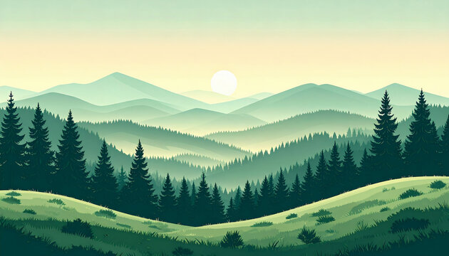 A breathtaking panoramic landscape featuring rolling green hills and mountains shrouded in mist, under a soft, hazy sunrise or sunset.