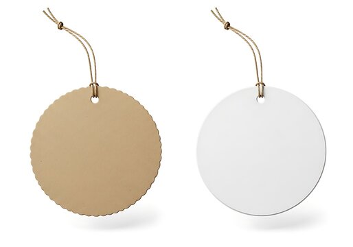 Two blank round tags with strings on a white background