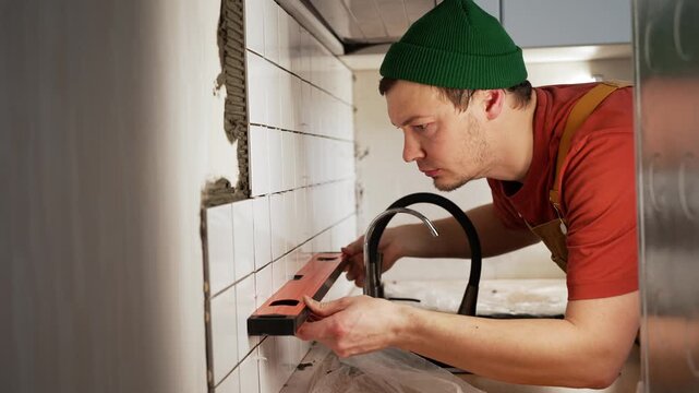 Concentrated male worker applying white ceramic tiles to a kitchen wall, using a spirit level to ensure precise and even installation during a home improvement or remodeling project