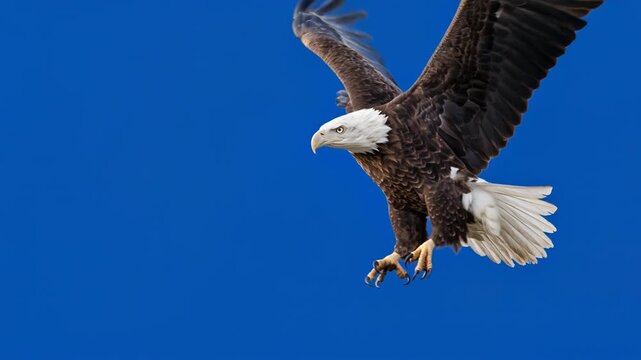 Bald eagle in flight with wings fully spread, talons extended for landing, isolated on  chroma key background. White head and tail feathers, brown plumage, yellow hooked beak. American raptor bird of 