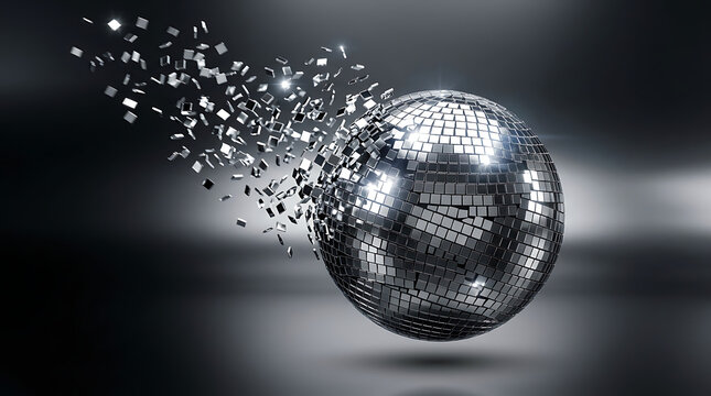Abstract 3D Render of a Silver Disco Ball Shattering with Mirror Fragments Flying Outward