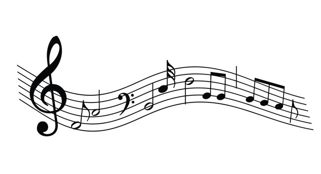 Musical notation illustration showing various notes and symbols on a wavy staff with a treble clef on a white background.