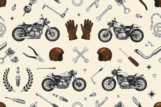 Seamless pattern of vintage motorcycles, leather gloves, helmets, and mechanic tools like wrenches and spark plugs on a light beige background