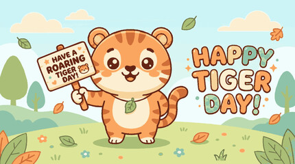 Fototapeta premium Cute chibi tiger holding sign celebrating international tiger day in soft pastel landscape illustration with tiger character standing