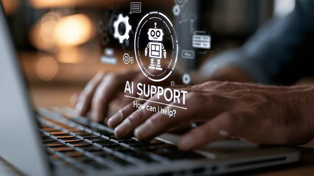 Help with AI support in a workspace setting showing hands typing on a laptop
