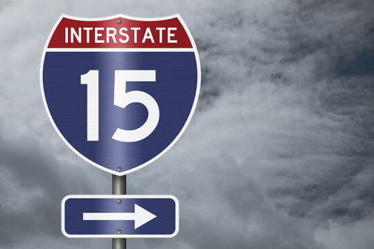 American Interstate I15 sign with stormy sky for transportation