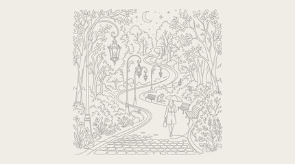 Fototapeta premium A whimsical line art illustration of a young woman walking through a magical forest path.