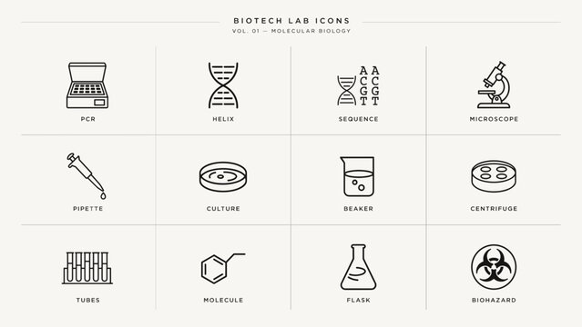 Line art gene sequencing and molecular biology icons &ndash; Suitable for professional biotech publications, lab reports, or clean websites.