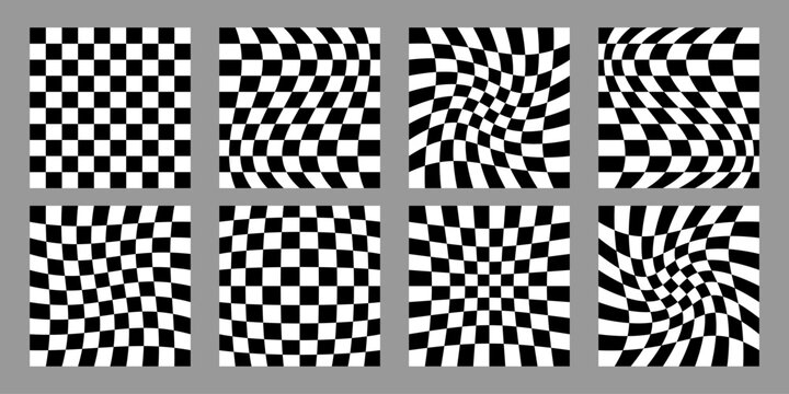Checkerboard seamless patterns, black and white square tiled grid, distorted chessboard texture.