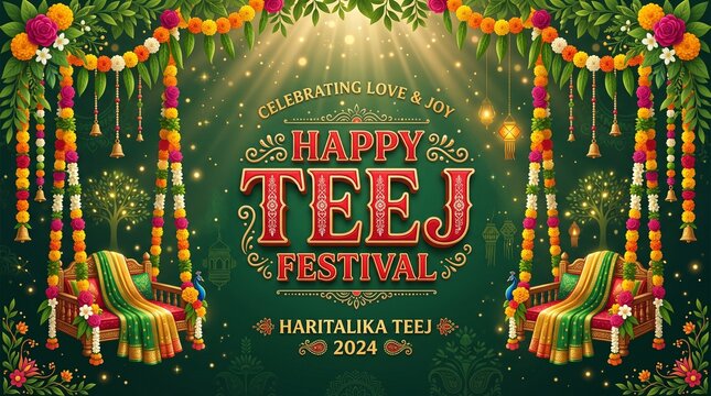 Happy Haritalika Teej Festival Vector Greeting with Traditional Jhula Swing, Marigold Flower Garland, and Decorative Indian Banner Background
