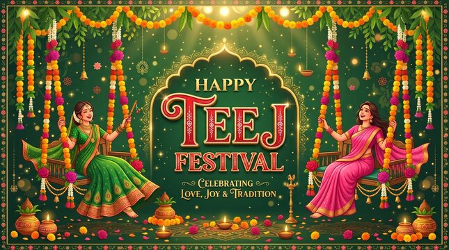 Happy Teej Festival Vector: Women on Swings, Traditional Celebrations