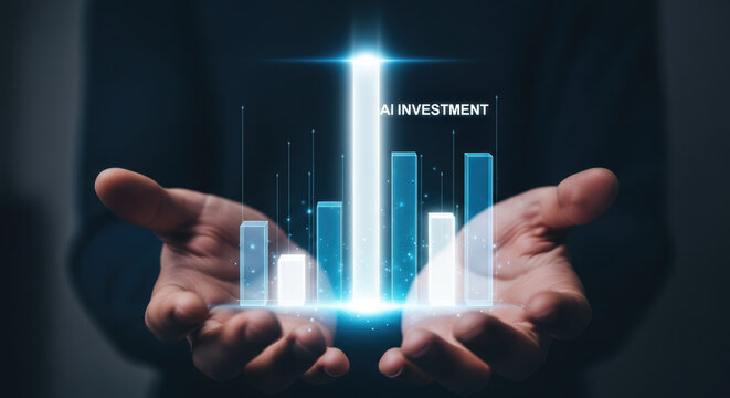 Ai investment generative investments growth chart in hands with glowing digital bars and futuristic light