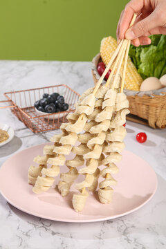 Homemade Gluten-Free Noodle Skewers with Fresh Vegetables - Healthy Asian Cooking Concept
