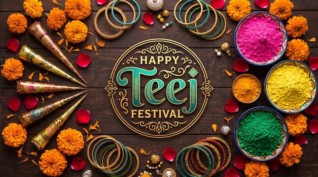 Happy Teej Festival Vector Greeting Design with Henna Cones, Colorful Powder, Marigold Flowers, and Traditional Indian Bangles on Wooden Background