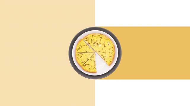 Animazione con immagine  piatto di frittata ed elementi geometrici sfondo di colore giallo in movimento