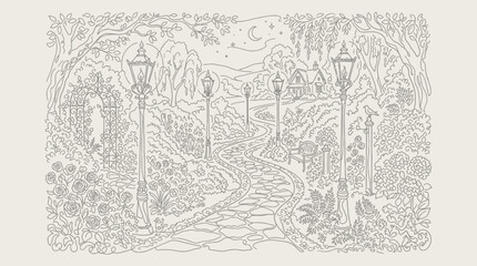 Obraz premium Intricate line art illustration of a Victorian style garden path with ornate street lamps.