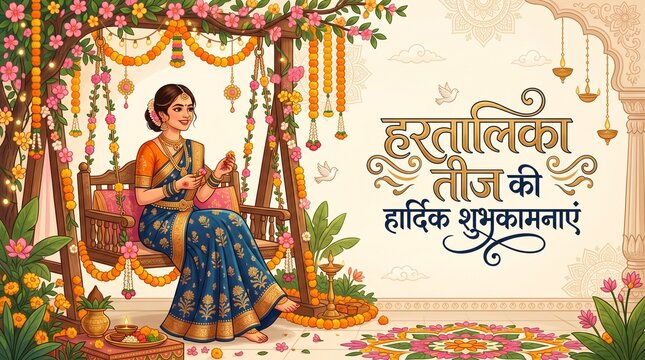 Hartalika Teej Shubhkaamnayein Vector Illustration: Happy Teej Wishes for Goddess Parvati Festival with Traditional Indian Woman on Swing and Hindi Calligraphy