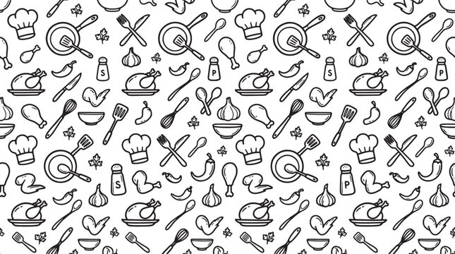 Hand drawn kitchenware and food pattern with cooking utensils and ingredients in a seamless vector illustration