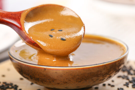 Pure Sesame Hot Sauce with Black Seeds - Traditional Henan Dipping Sauce in Ceramic Bowl