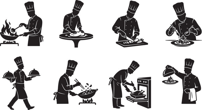 Set of black silhouettes of professional chefs cooking and serving food in various kitchen work positions