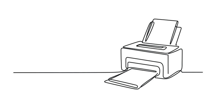 Continuous single line drawing of a modern office printer machine printing a paper document Vector, illustration