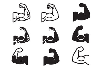 Obraz premium Strong muscular arm flexed bicep black silhouette and line art outline icon vector illustration isolated on white background