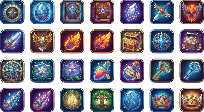 Fantasy Game Icons: Magic Items, Potions, Weapons, and Symbols