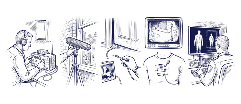 Surveillance espionage vector sketch illustrations of wiretapping, eavesdropping, security monitoring, and private investigation techniques with retro hand drawn comic style drawings on white backgrou