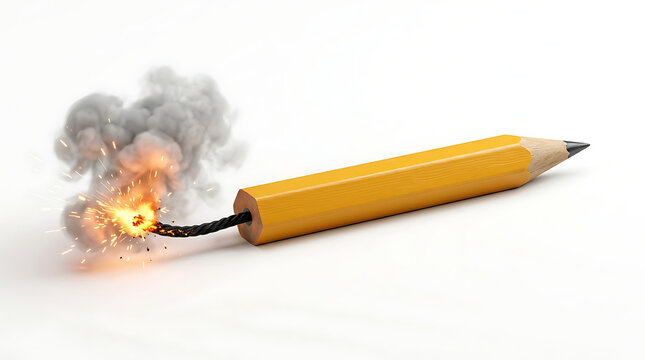 Creative concept of pencil dynamite stick with lit burning fuse and smoke on white background