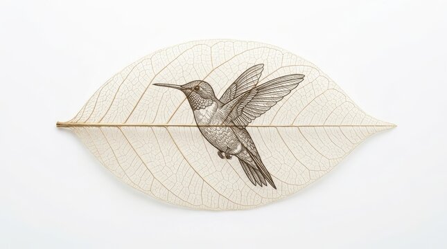 Hummingbird illustration engraved on a skeletonized leaf isolated on white background