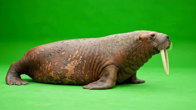 Large walrus with long tusks sliding slowly across a bright green screen background while moving its head and flippers