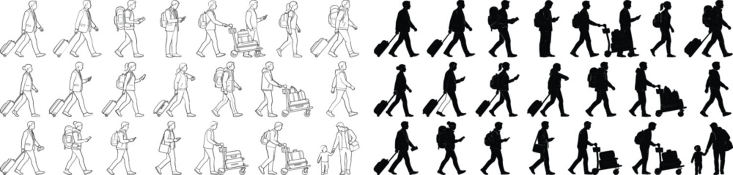 Architectural scale people travel vector set featuring passengers walking with suitcases luggage trolleys and backpacks for site plan layouts