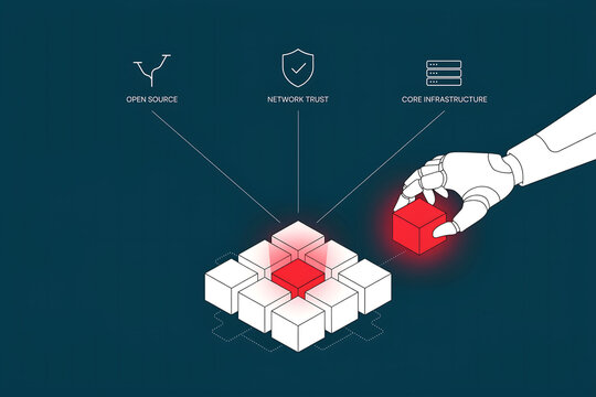 Robotic hand assembling a digital grid of blocks representing open source network trust and core infrastructure
