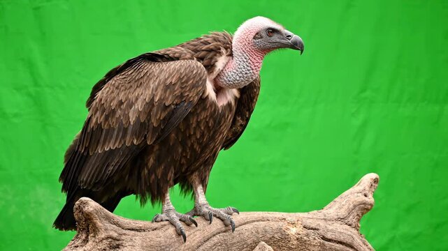 Large wild vulture bird standing on a wooden branch looking around against a bright green screen background for easy keying