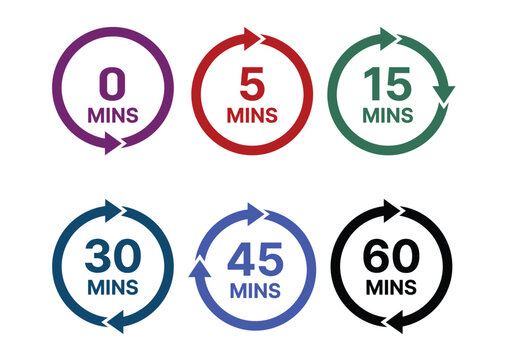 Minimalist timer icon set with circular arrows, colorful countdown clock symbols for 0 to 60 minutes, flat vector time management graphics