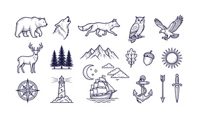 Fototapeta premium Vintage wilderness line art icons, rustic outdoor adventure vector set, hand drawn forest animals and nautical symbols for camping branding