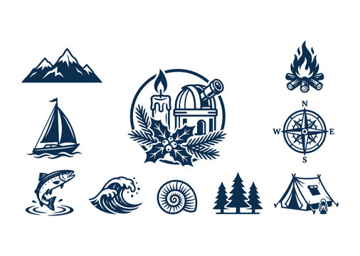 Vintage outdoor adventure icons set, dark blue nautical and camping vector elements, rustic nature and travel symbols for logo design