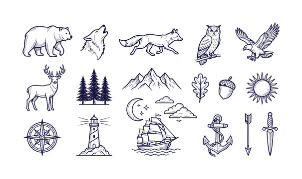 Vintage wilderness line art icons, rustic outdoor adventure vector set, hand drawn forest animals and nautical symbols for camping branding