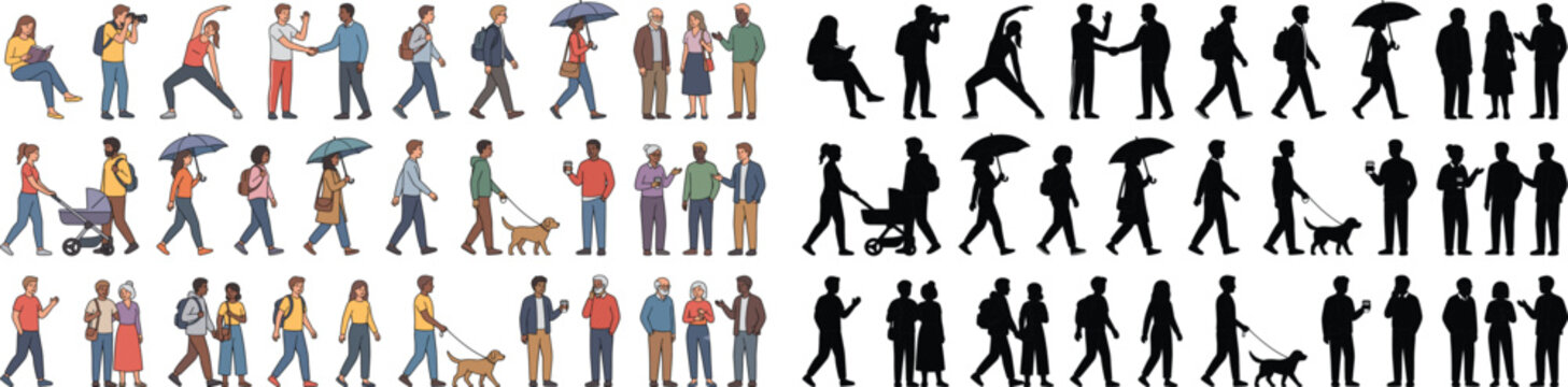 Flat architectural scale people vector set with pedestrians walking dogs talking and commuting for site plan rendering elevation layouts